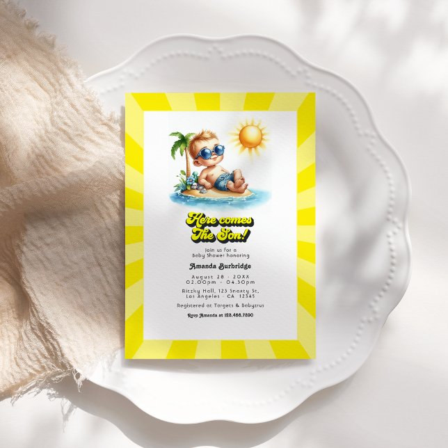 Retro Sunny Beach "Here Comes the Son" Baby Shower Invitation (Retro Sunny Beach "Here Comes the Son" Baby Shower Invitation)