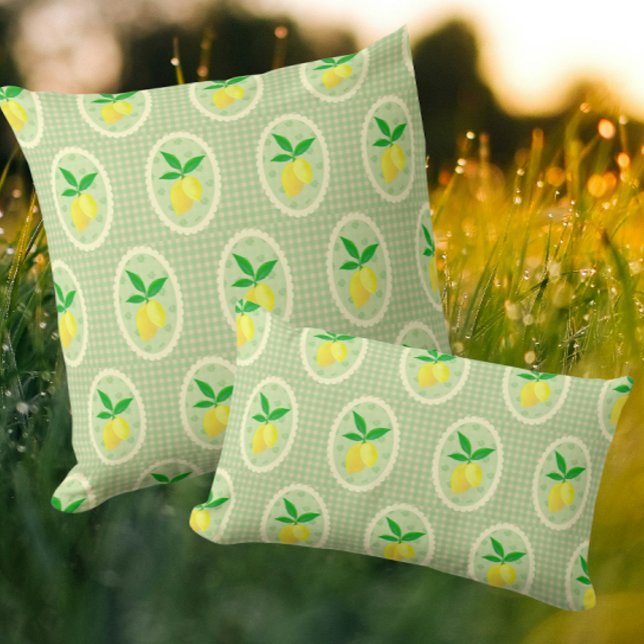 Retro Sunny Lemons on Green Gingham Throw Pillow (Vintage charm lemons and gingham!)