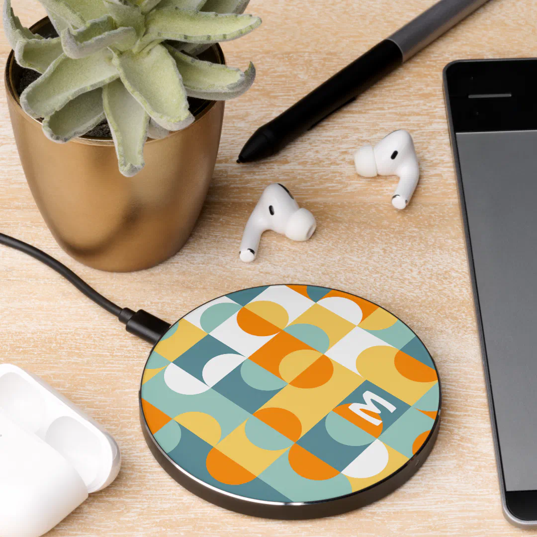 Retro Sunny Orange Teal Blue Pop Art Pattern Wireless Charger
