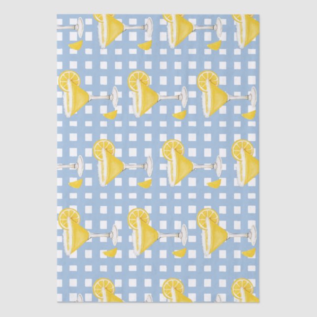 Retro Sunny Yellow Lemon Drop Blue Check Tissue Paper (Front)