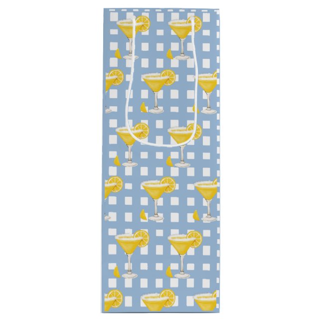 Retro Sunny Yellow Lemon Drop Blue Check Wine Gift Bag (Front)