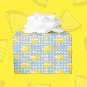 Retro Sunny Yellow Lemon Drop Blue White Check Wrapping Paper