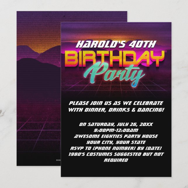 Retro Sunset 1980s 80s 40th Birthday Party Invitation (Front/Back)