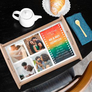 Retro Sunset 4 Photo Mr and Mrs 1st  Anniversary Serving Tray