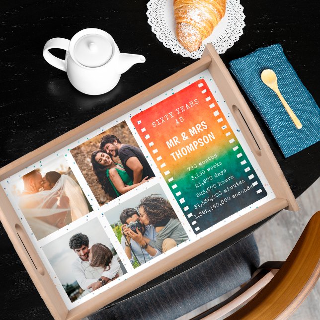 Retro Sunset 4 Photo Mr and Mrs 60th Anniversary Serving Tray (Creator Uploaded)