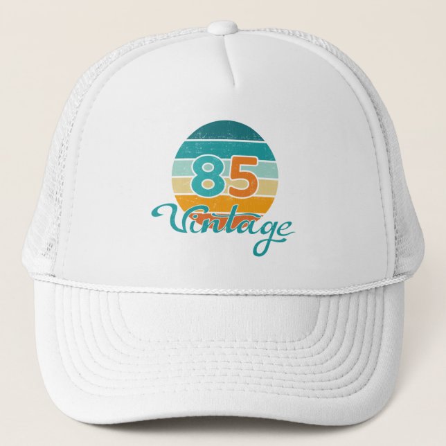 Retro Sunset 85 Vintage Distressed Trucker Hat (Front)