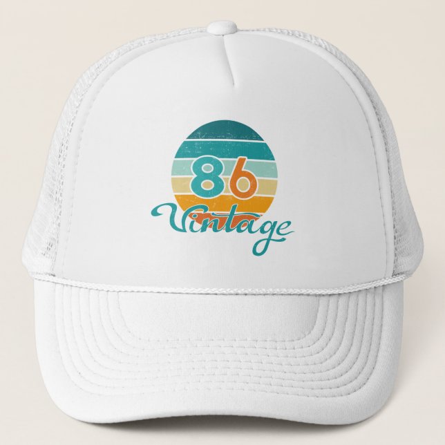 Retro Sunset 86 Vintage Distressed Trucker Hat (Front)