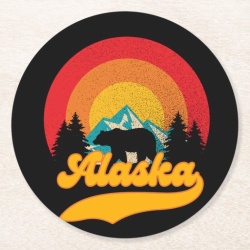 Retro Sunset Alaska Juneau Bear Mountains Wild AK Round Paper Coaster