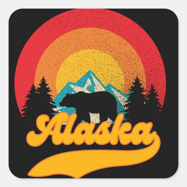Retro Sunset Alaska Juneau Bear Mountains Wild AK Square Sticker (Front)