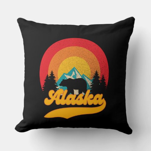 Retro Sunset Alaska Juneau Bear Mountains Wild AK Throw Pillow