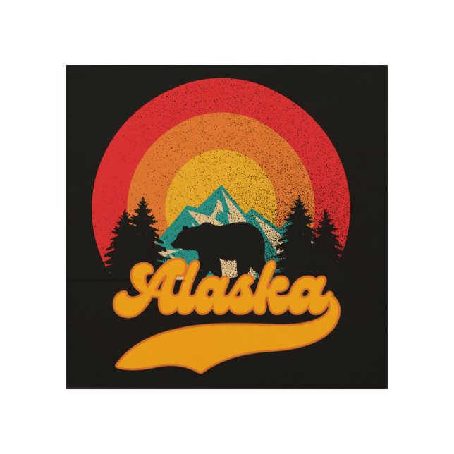 Retro Sunset Alaska Juneau Bear Mountains Wild AK Wood Wall Art (Front)