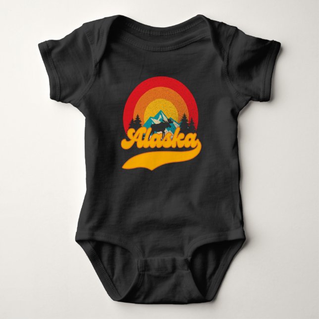 Retro Sunset Alaska Juneau Moose 0Mountains Wild  Baby Bodysuit (Front)