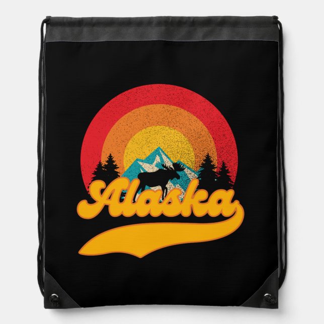 Retro Sunset Alaska Juneau Moose 0Mountains Wild Drawstring Bag (Front)