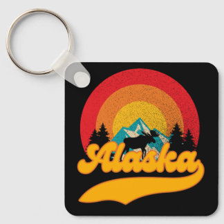 Retro Sunset Alaska Juneau Moose 0Mountains Wild Keychain
