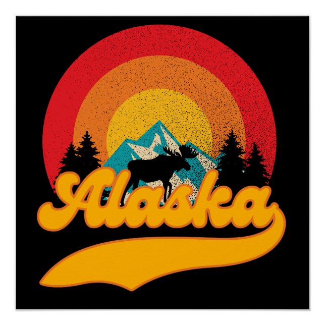 Retro Sunset Alaska Juneau Moose 0Mountains Wild Poster (Front)