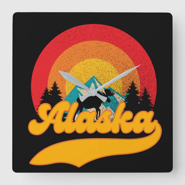 Retro Sunset Alaska Juneau Moose 0Mountains Wild Square Wall Clock (Front)
