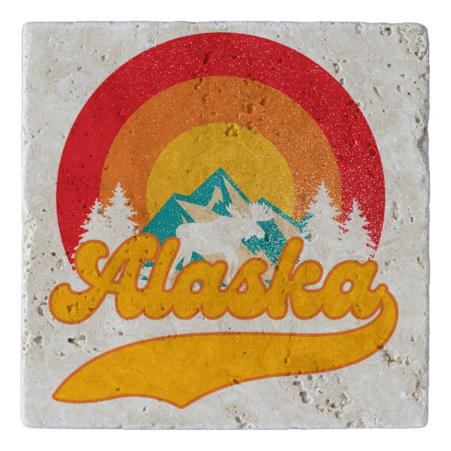 Retro Sunset Alaska Juneau Moose 0Mountains Wild Trivet (Front)
