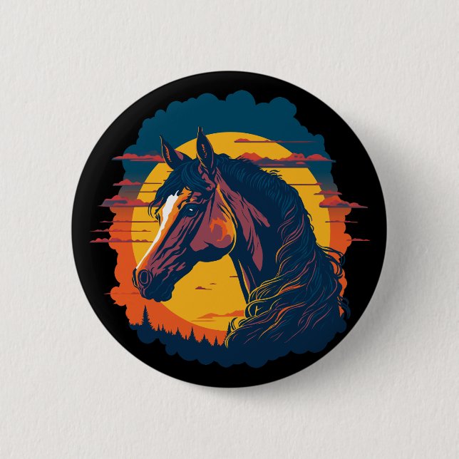Retro Sunset And Horse Head Button (Front)