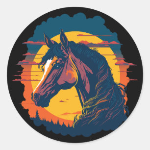 Retro Sunset And Horse Head Classic Round Sticker