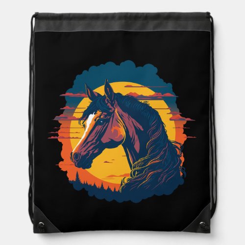 Retro Sunset And Horse Head Drawstring Bag