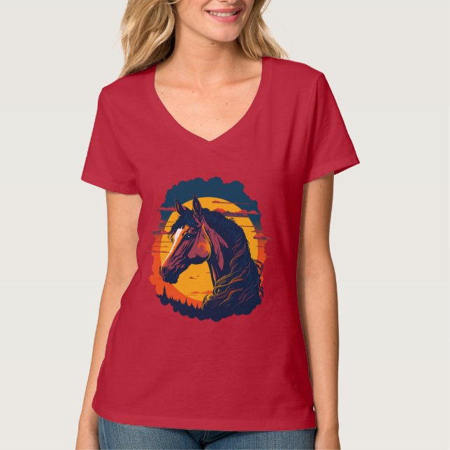 Retro Sunset And Horse Head T-Shirt (Front)