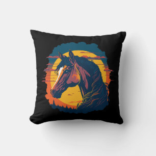Retro Sunset And Horse Head Throw Pillow