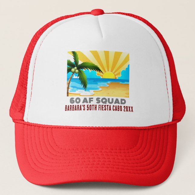 Retro Sunset Beach 50th AF Birthday Crew Squad Tru Trucker Hat (Front)
