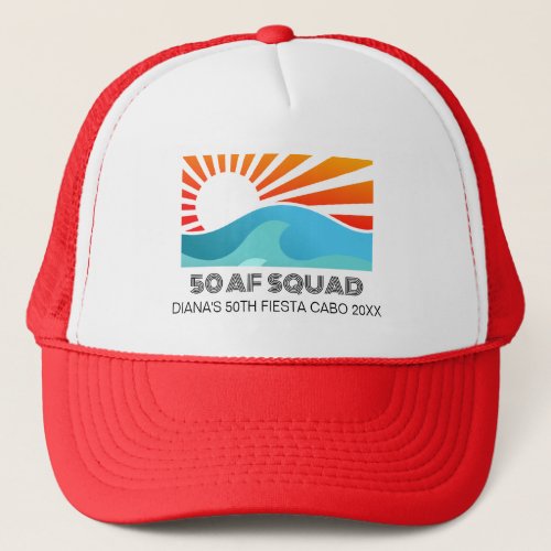 Retro Sunset Beach 50th AF Birthday Crew Squad Trucker Hat