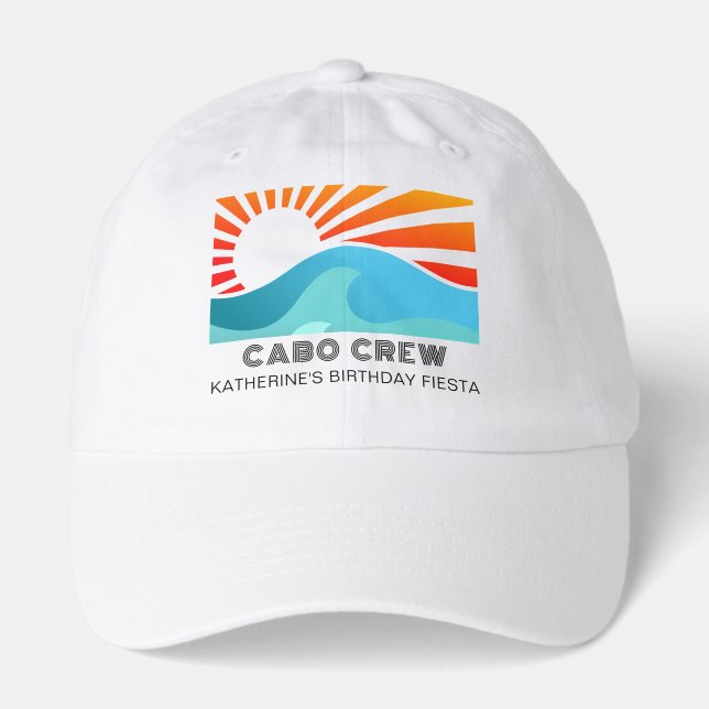 Retro Sunset Beach Custom Text Birthday Party Crew Hat (Front)