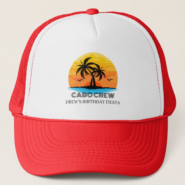 Retro Sunset Beach Custom Text Birthday Party Crew Trucker Hat (Front)
