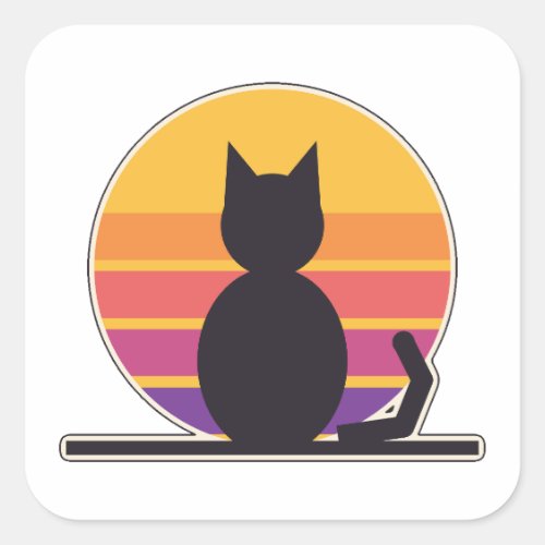 Retro Sunset Cat Silhouette 70s Vintage Cat Square Sticker