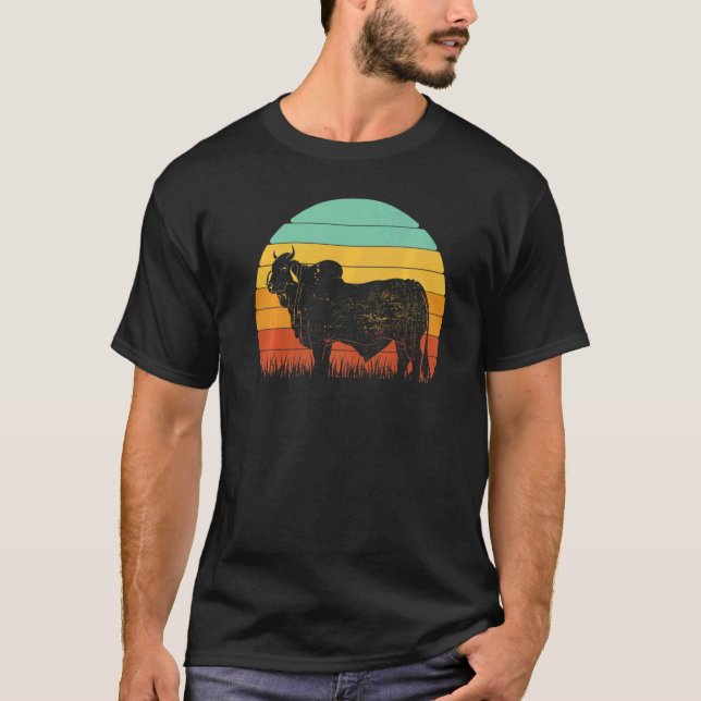Retro Sunset Cow Farmer Brahman Cattle T-Shirt (Front)