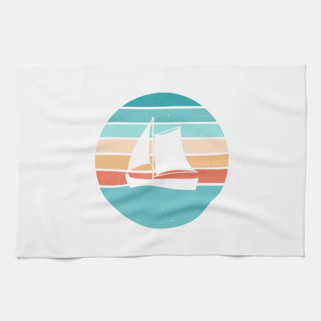 Retro Sunset Distressed Effect + Sailboat Kitchen Towel (Horizontal)