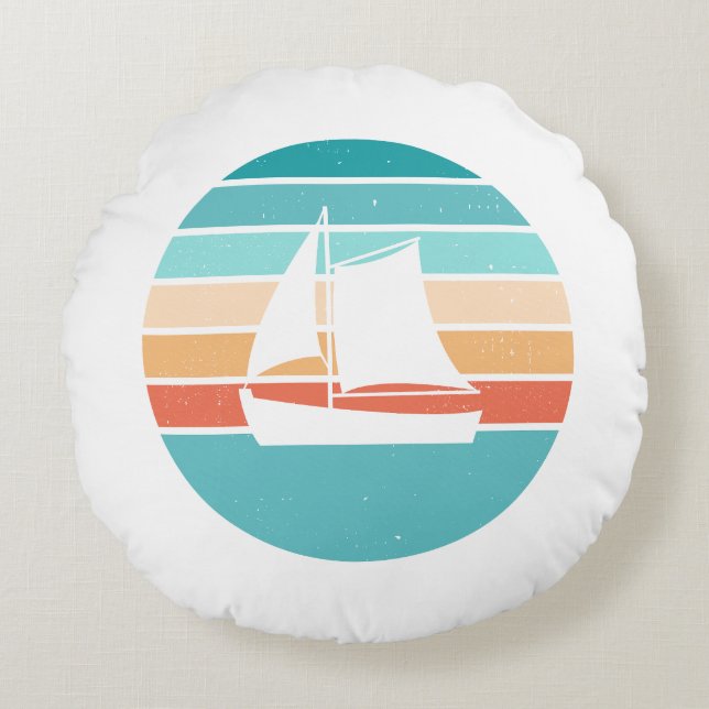 Retro Sunset Distressed Effect + Sailboat Round Pillow (Front)