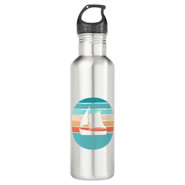 Retro Sunset Distressed Effect + Sailboat Stainless Steel Water Bottle (Front)