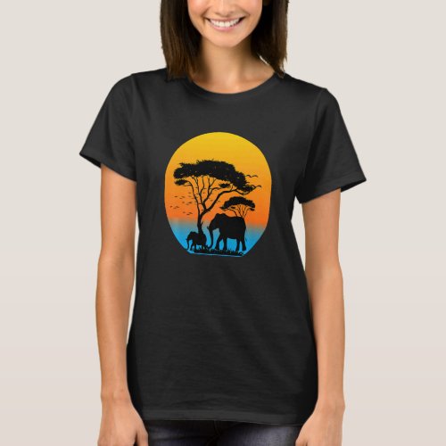 Retro Sunset Elephant Family Wild Animal Aesthetic T_Shirt