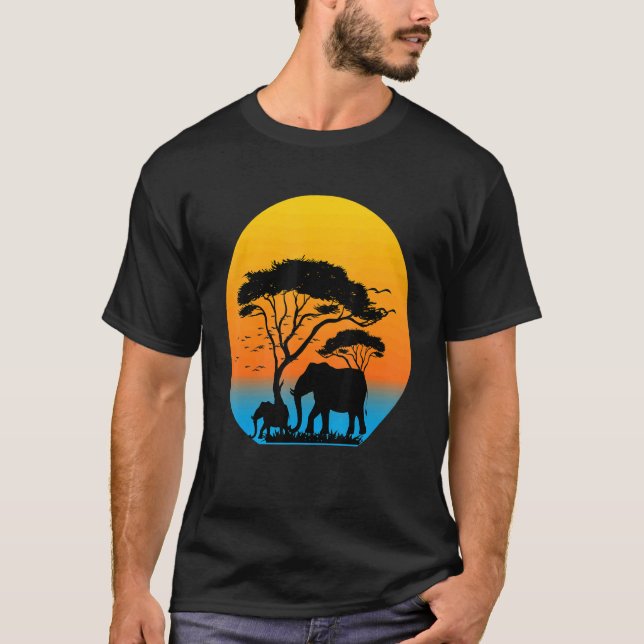 Retro Sunset Elephant Family Wild Animal Aesthetic T-Shirt (Front)