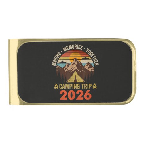 Retro Sunset Family Camping Trip 2026 Gold Finish Money Clip