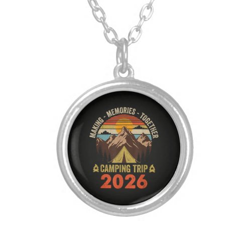 Retro Sunset Family Camping Trip 2026 Silver Plated Necklace