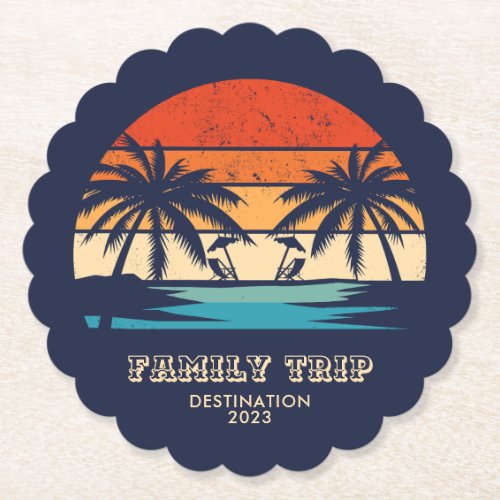 Retro sunset Family trip Beach Palm Tree Matching Paper Coaster