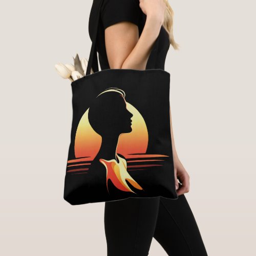 Retro sunset female silhouette tote bag