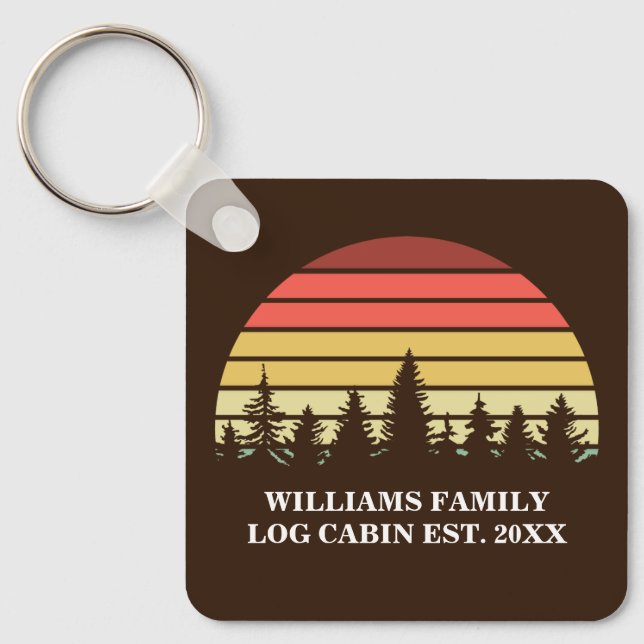 Retro Sunset Forest Custom Log Cabin Brown Keychain (Front)
