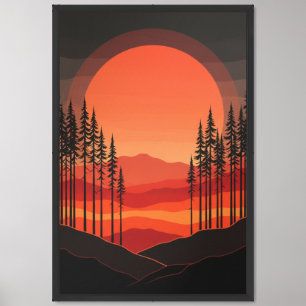 Retro Sunset Forest Silhouette Art Framed Art