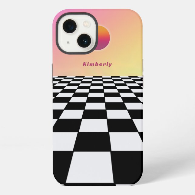 Retro Sunset Gradient Checkerboard Iphone Case (Back)