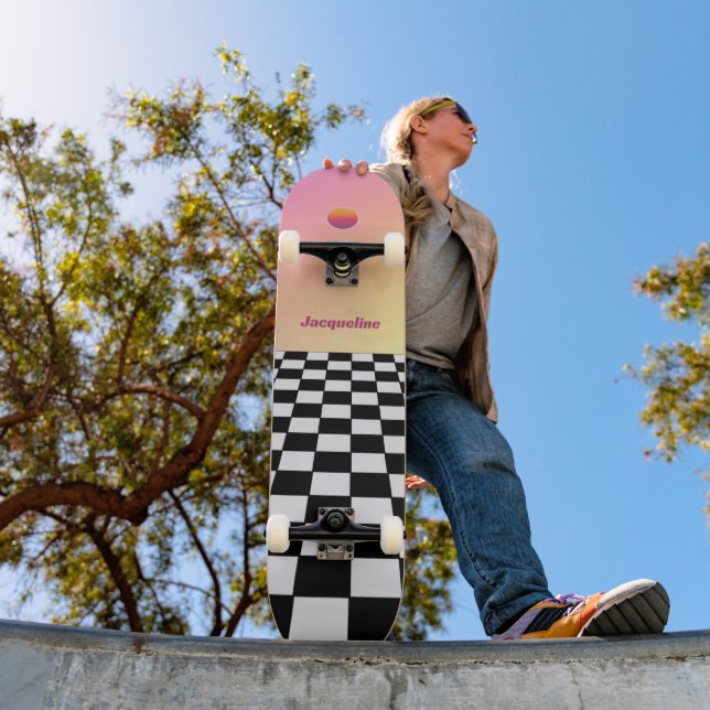 Retro Sunset Gradient Checkerboard Skateboard (Outdoor 1)
