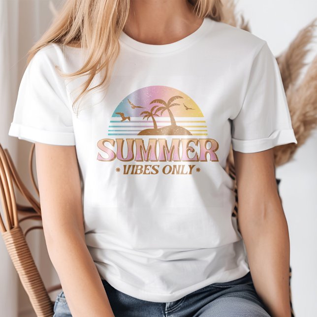 Retro Sunset Gradient "Summer Vibes Only" T-Shirt (Young blond woman wearing a Retro Sunset Gradient "Summer Vibes Only" T-Shirt.)