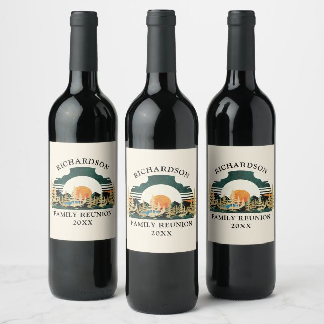 Retro Sunset Green Beige Custom Family Reunion Wine Label (Bottles)