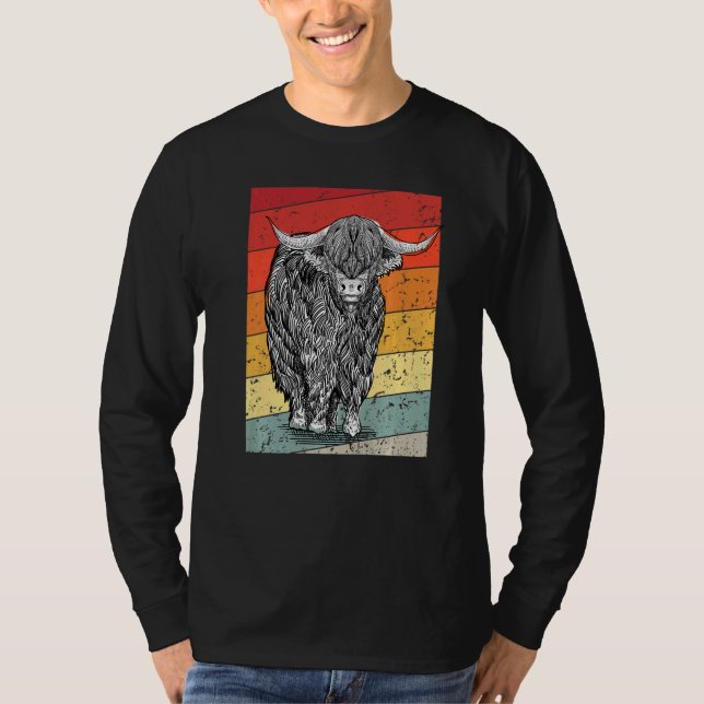 Retro Sunset Highland Cows Women Girls Cow T-Shirt (Front)