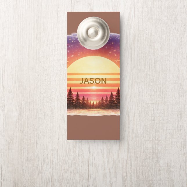Retro Sunset in Forest Custom Family Name Door Hanger (On Knob)