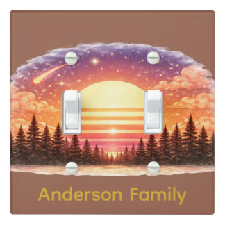 Retro Sunset in Forest Custom Family Name Light Switch Cover